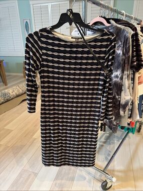 Sharagano Black and White Striped Midi Dress